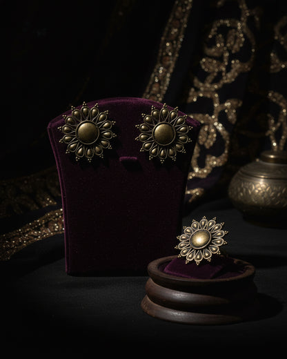 Gold Polish Aiza Oxidised Earring & Ring Set