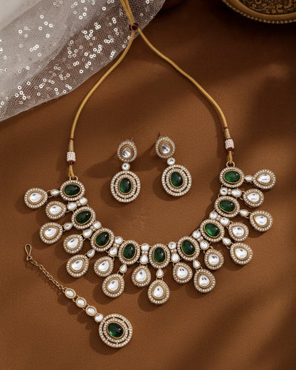 Green Sehaj Premium Polki Dupe Necklace with Earring and Teeka