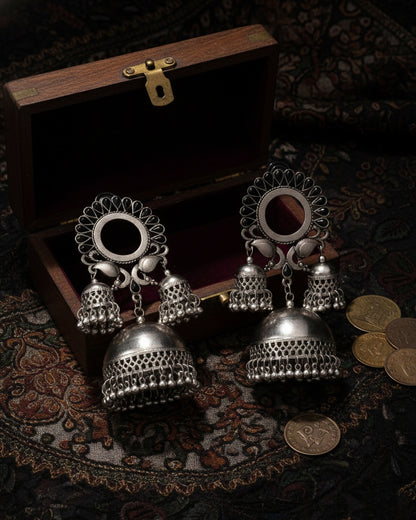 Black Aroosa Silver Oxidised Jhumka Earrings