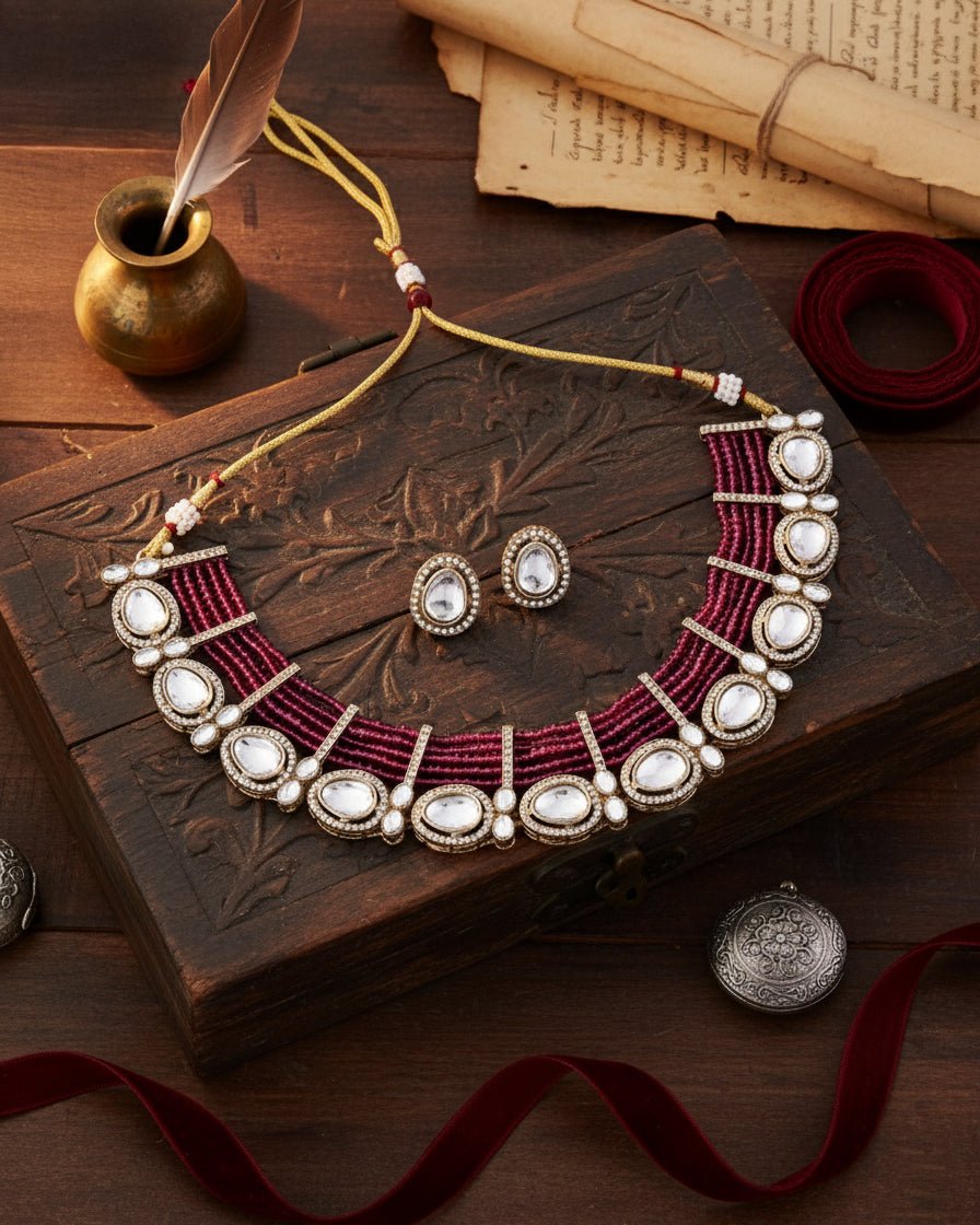Purple Darvesh Zircone Polki Dupe Pearl Necklace with Earring