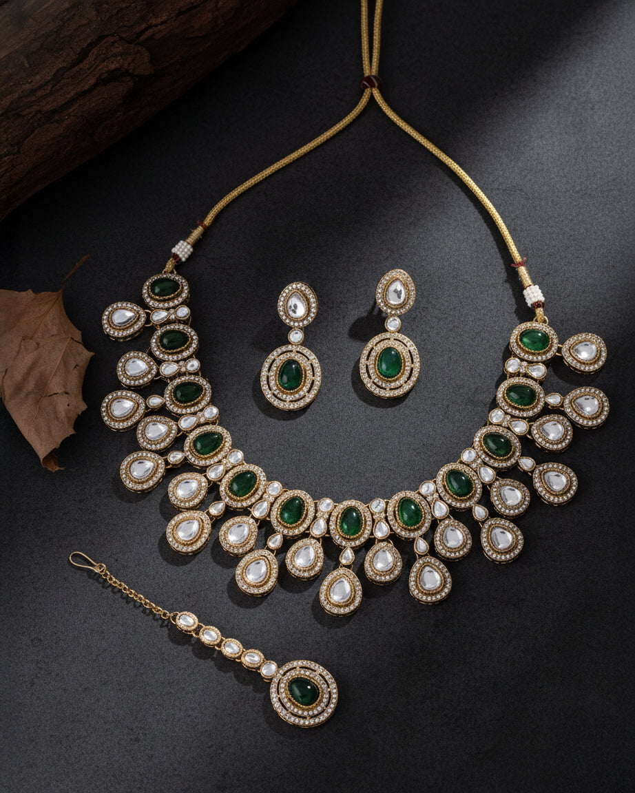 Green Sehaj Premium Polki Dupe Necklace with Earring and Teeka