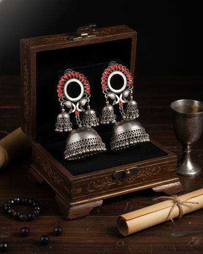 Red Aroosa Silver Oxidised Jhumka Earrings