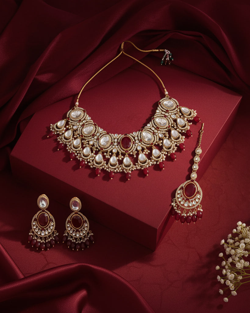 Red Naadiya Premium Polki Dupe Necklace with Earring and Teeka