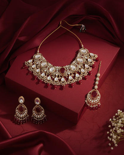 Red Naadiya Premium Polki Dupe Necklace with Earring and Teeka