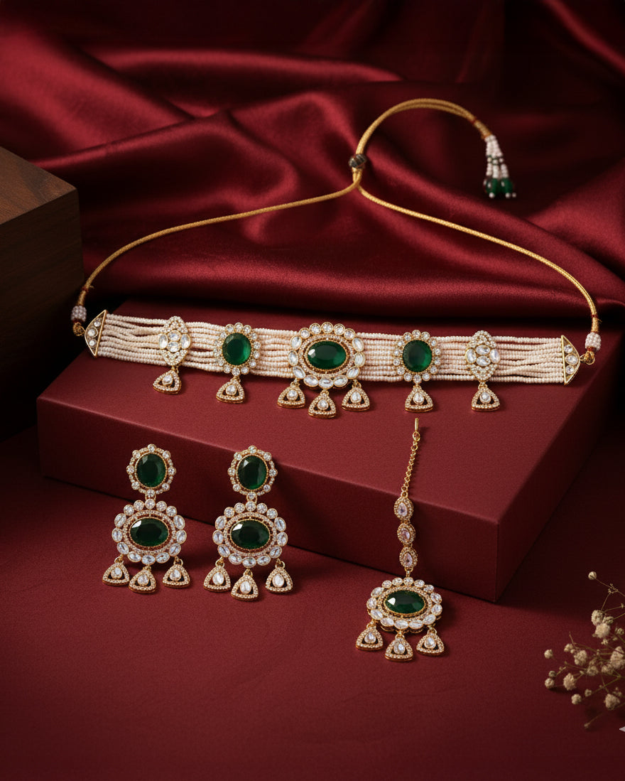 Green Suhen Premium Polki Dupe Choker Necklace With Earring & Teeka