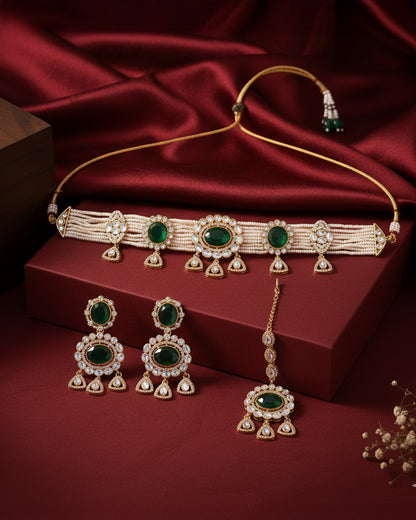 Green Suhen Premium Polki Dupe Choker Necklace With Earring & Teeka