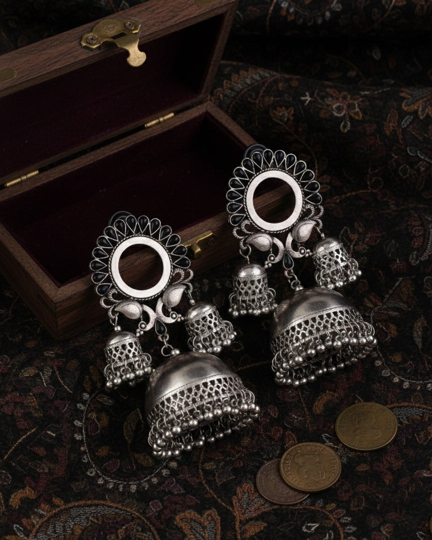 Black Aroosa Silver Oxidised Jhumka Earrings