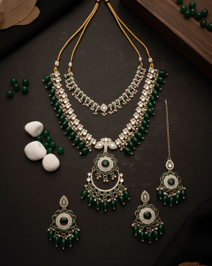 Green Aanvir Layer Necklace With Earring & Teeka