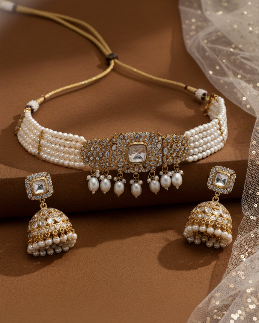 Saurya Pearl Choker Necklace Set With Earring & Teeka