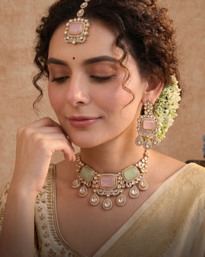 Pastel Harshika Premium Zircone Polki Dupe Necklace Set