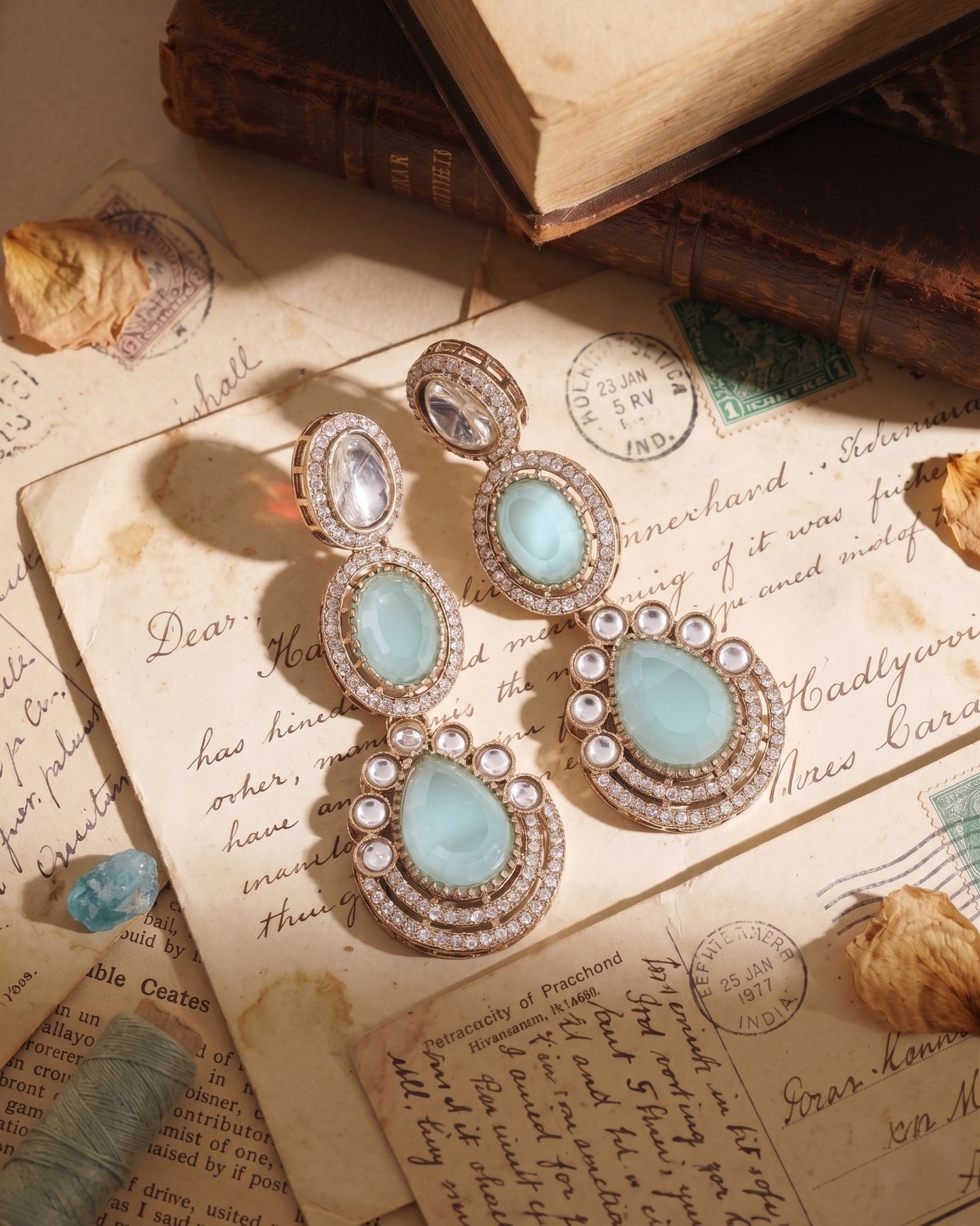 Turquoise Amreen Premium Designer Zircone Polki Dupe Earring