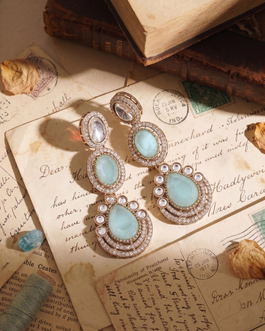Turquoise Amreen Premium Designer Zircone Polki Dupe Earring