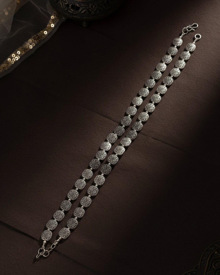 Silver Uday Oxidised Anklet - 2 Pair