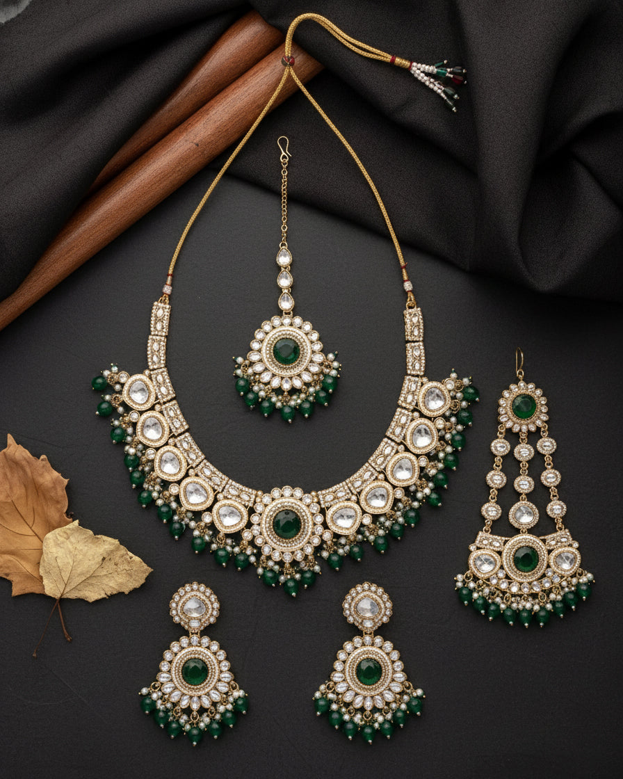 Green Laviza Premium Polki Dupe Necklace Earring with Teeka and Side Jhumar/Passa