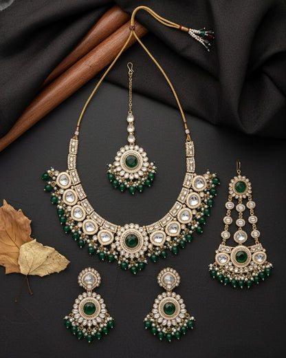 Green Laviza Premium Polki Dupe Necklace Earring with Teeka and Side Jhumar/Passa