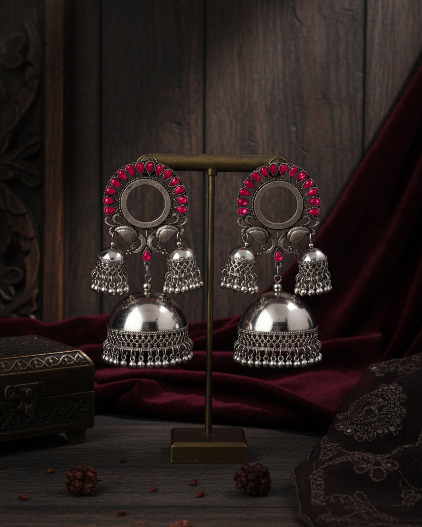 Pink Aroosa Silver Oxidised Jhumka Earrings