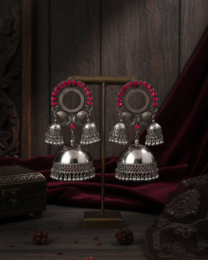 Pink Aroosa Silver Oxidised Jhumka Earrings