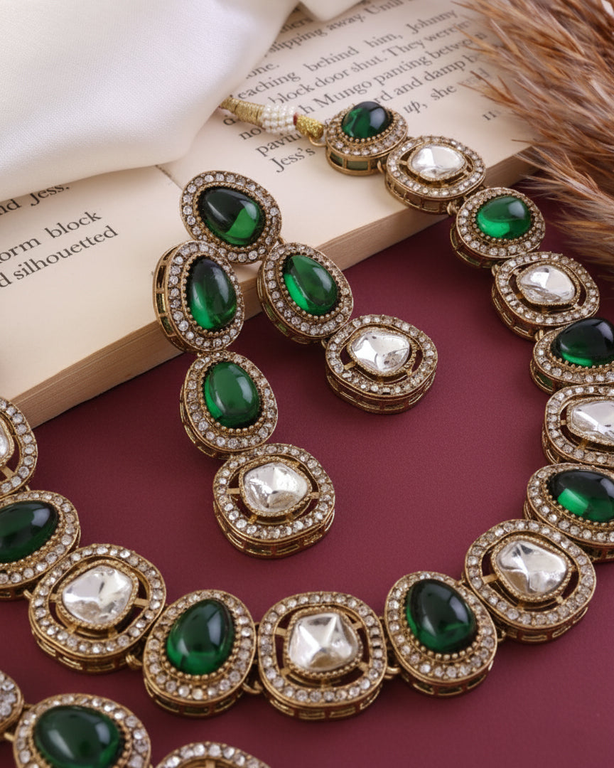 Emerald Rishita Premium Polki Dupe Necklace with Earring and Teeka