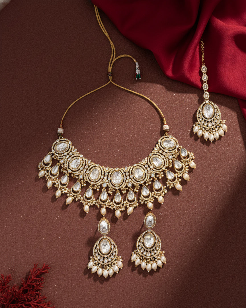 Pearl Naadiya Premium Polki Dupe Necklace with Earring and Teeka