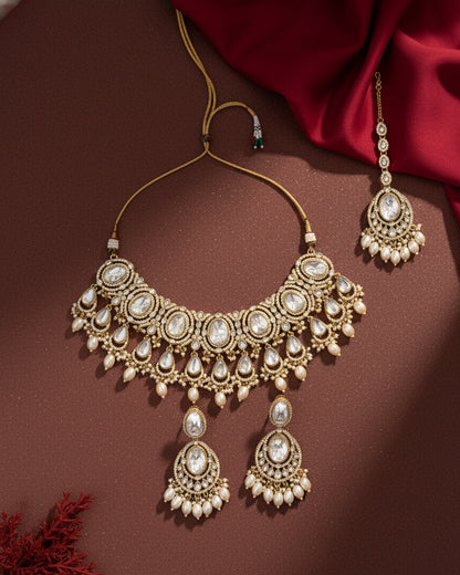 Pearl Naadiya Premium Polki Dupe Necklace with Earring and Teeka