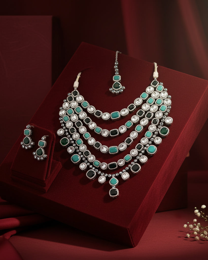 Mix Green Parineeti Wedding Necklace Set - Black