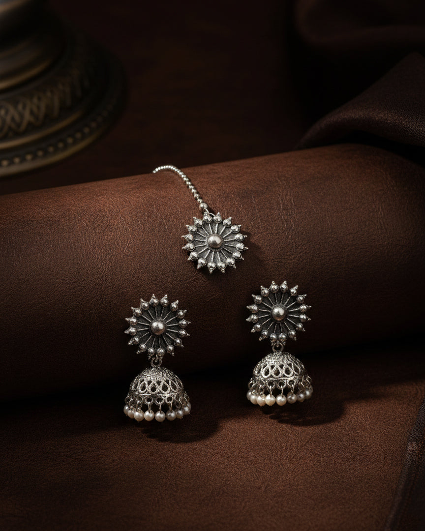 Silver Rudvik Oxidised Mang Tikka & Jhumka Set