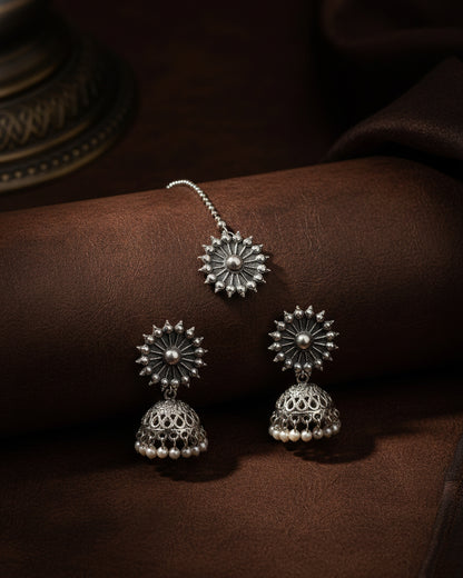 Silver Rudvik Oxidised Mang Tikka & Jhumka Set