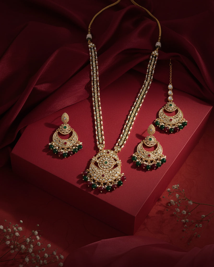 Red Green Travini Premium Long Necklace With Earring & Teeka