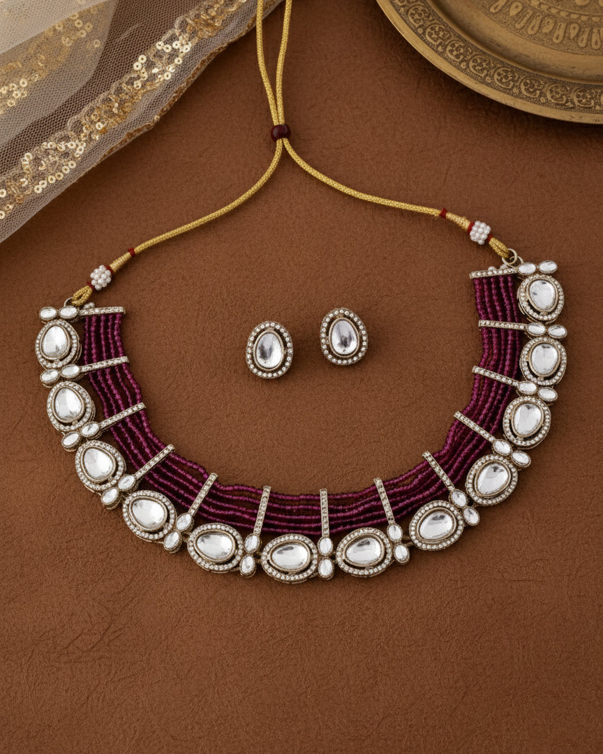 Purple Darvesh Zircone Polki Dupe Pearl Necklace with Earring
