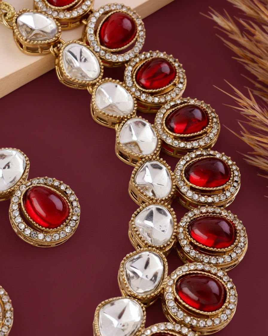 Ruby Arshiya Premium Polki Dupe Necklace with Earring and Teeka