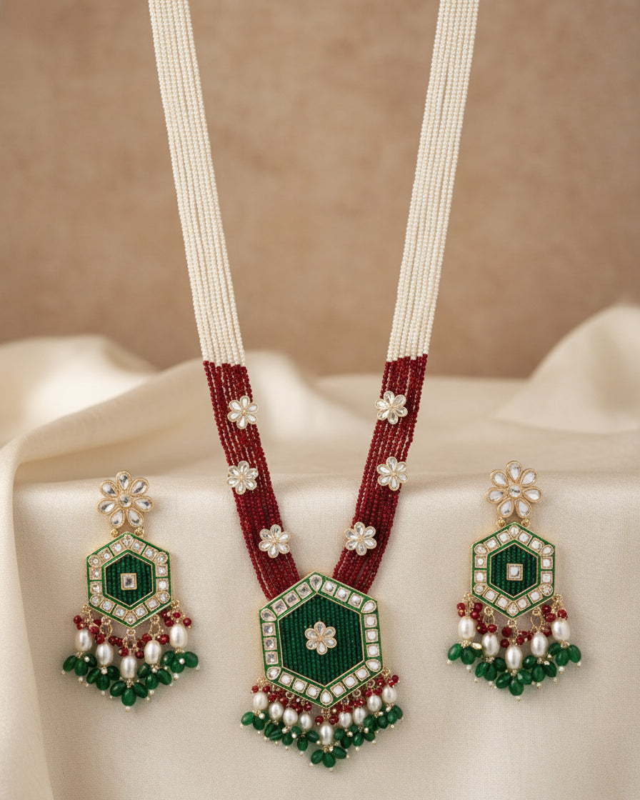 Green Maroon Neelika Long Necklace Set with Earring