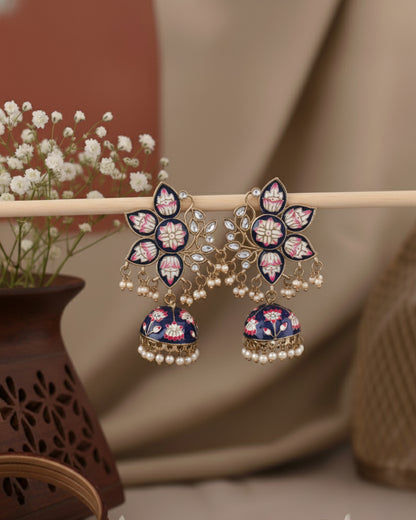 Dark Blue Mrinalini Lotus Meenakari Jhumki