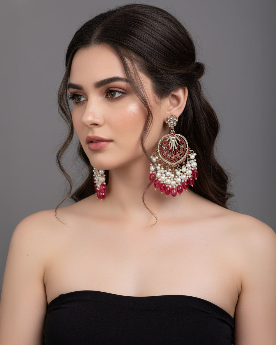 Dark Pink Ishmeet Designer Jadau Pakistani Chandbali