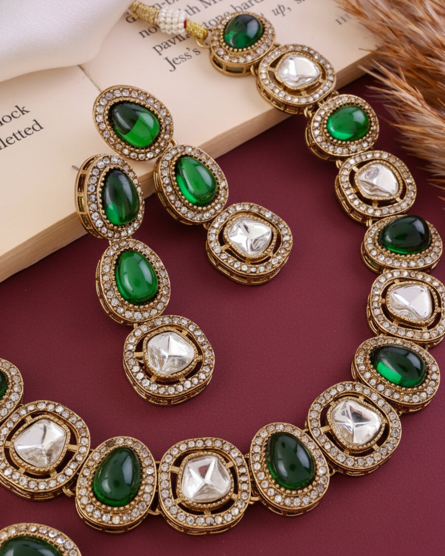 Emerald Rishita Premium Polki Dupe Necklace with Earring and Teeka