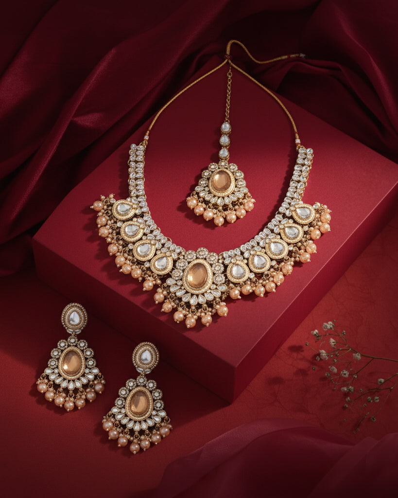 Gold Kavisha Premium Polki Dupe Necklace Set with Earring and Teeka