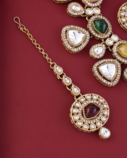 Multi Kavita Premium Polki Dupe Necklace with Earring and Teeka