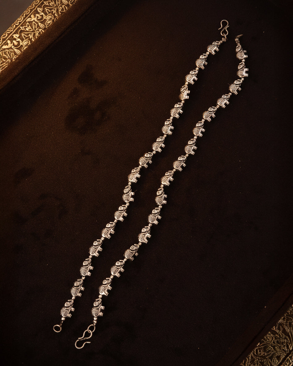 Silver Saahir Oxidised Anklet - 2 Pair