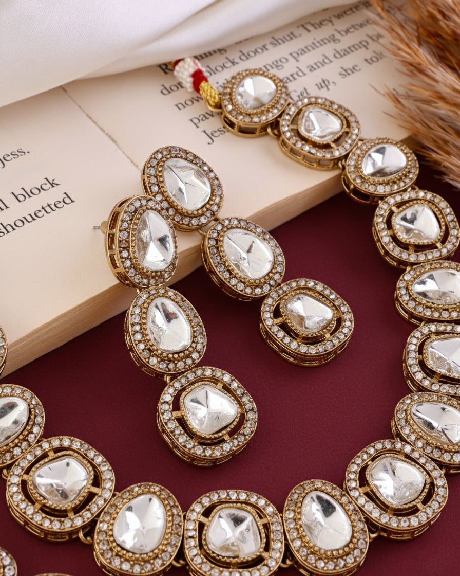 Silver Rishita Premium Polki Dupe Necklace with Earring and Teeka