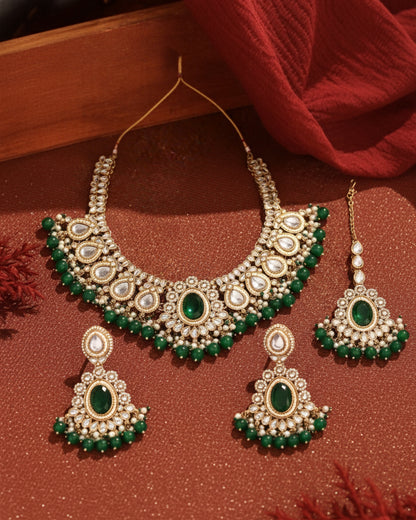 Green Kavisha Premium Polki Dupe Necklace Set with Earring and Teeka