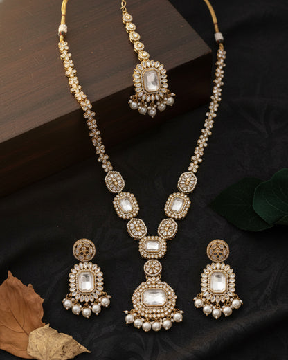 Pearl Naavir Premium Polki Dupe Long Necklace with Earring and Teeka