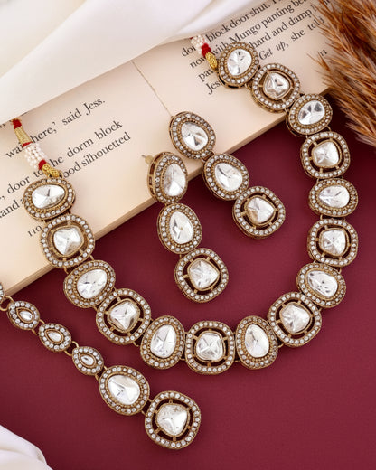 Silver Rishita Premium Polki Dupe Necklace with Earring and Teeka