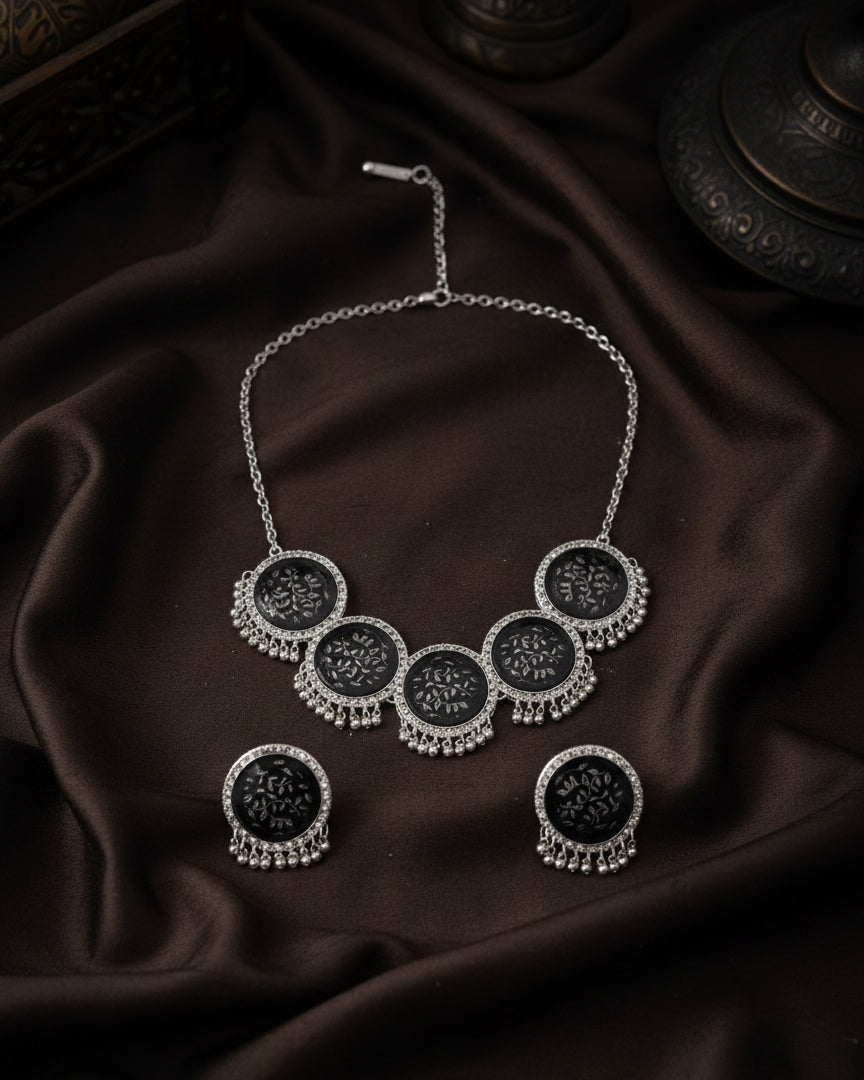 Black & Silver Adit Oxidised Necklace & Earrings Set