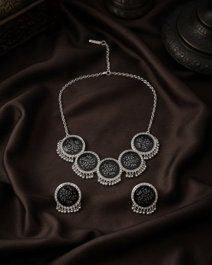 Black & Silver Adit Oxidised Necklace & Earrings Set
