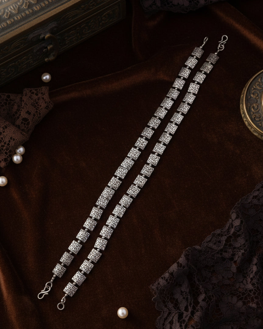 Silver Yash Oxidised Anklet - 2 Pair