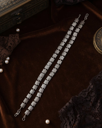 Silver Yash Oxidised Anklet - 2 Pair