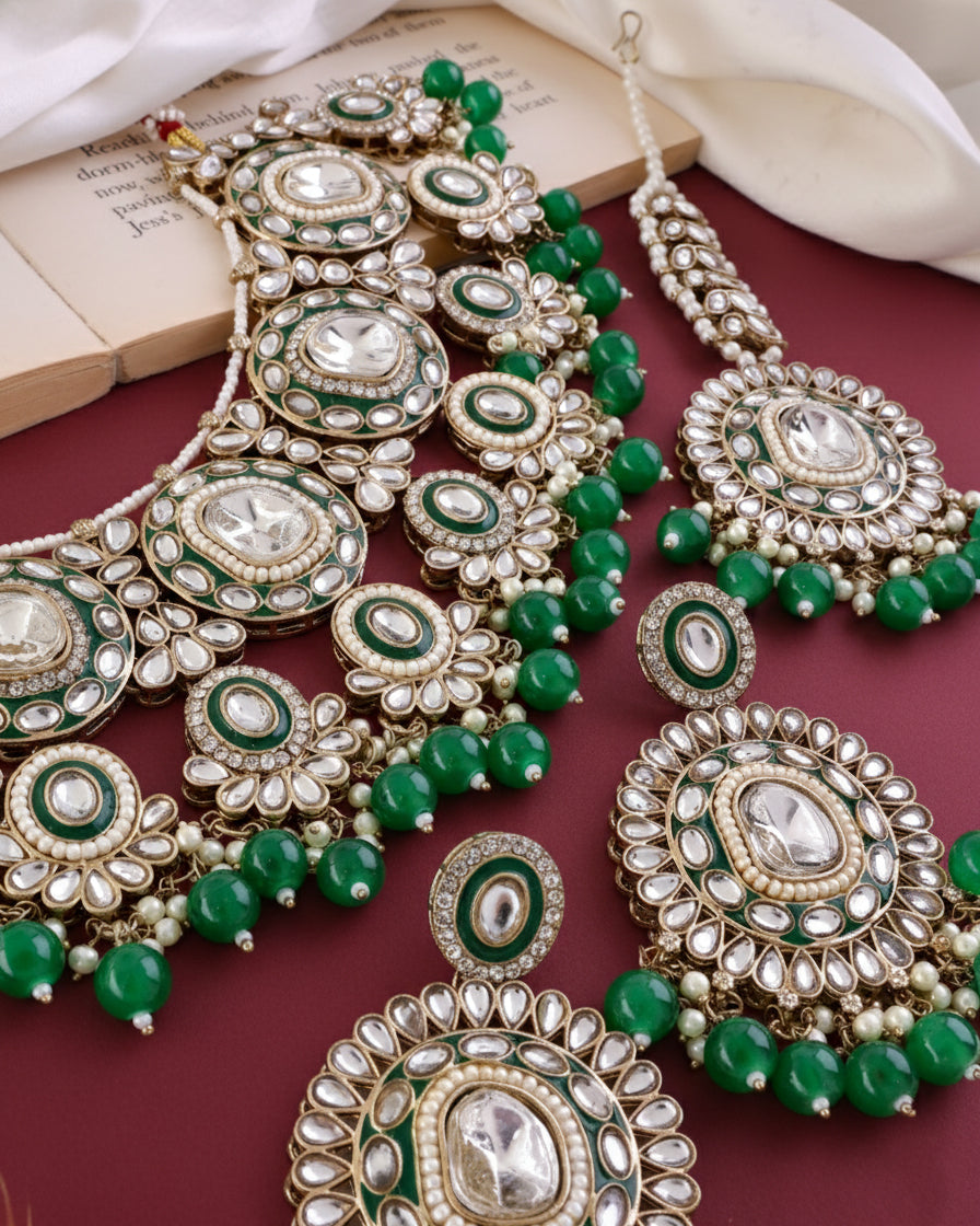 Green Vyanika Necklace Earring with Teeka