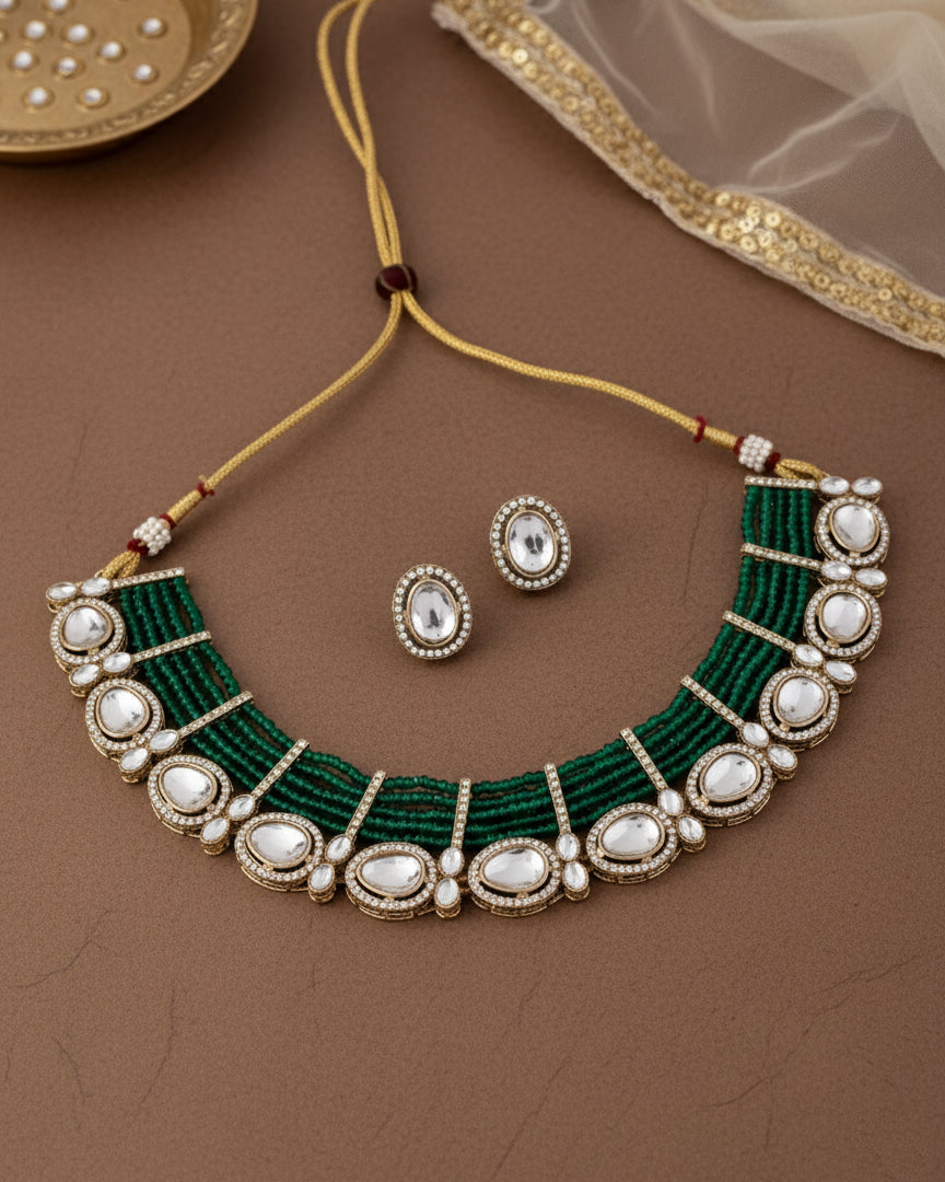 Green Darvesh Zircone Polki Dupe Pearl Necklace with Earring