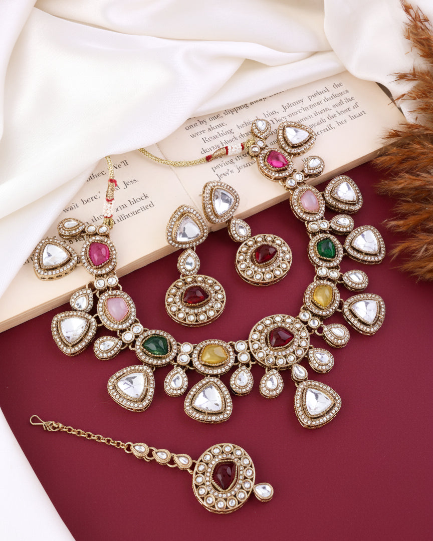 Multi Kavita Premium Polki Dupe Necklace with Earring and Teeka