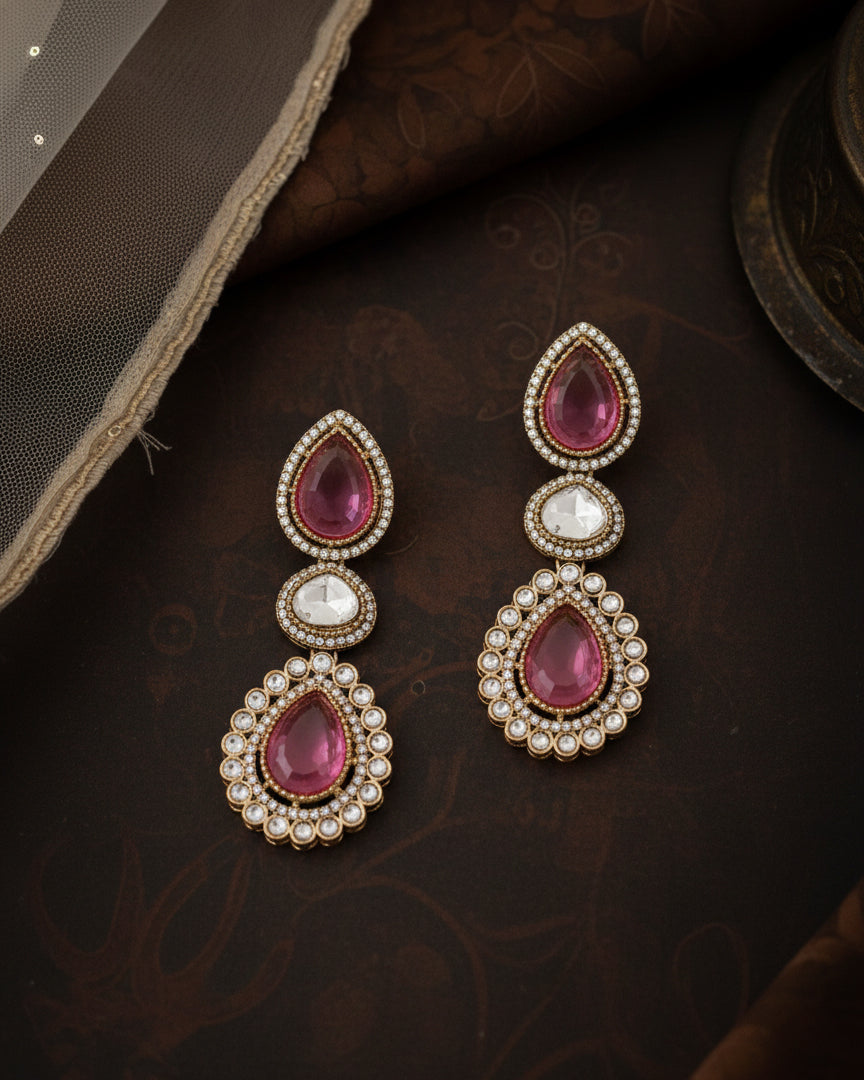 Pink Amani Premium Designer Zircone Polki Dupe Earring