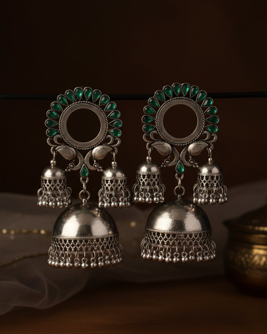 Green Aroosa Silver Oxidised Jhumka Earrings